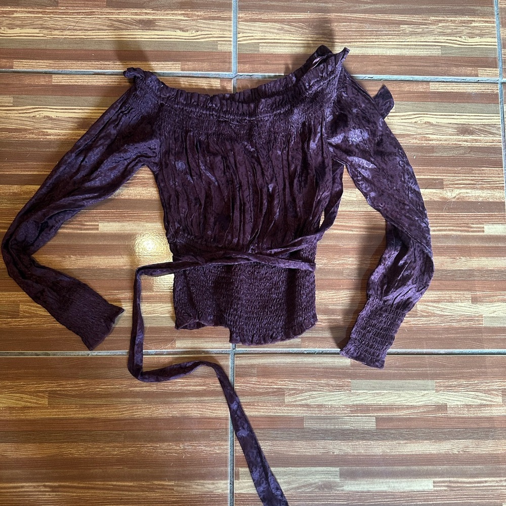 Express Off the shoulder satin burgundy top XS